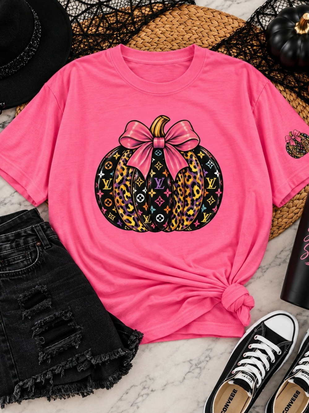 Women's Pink Short-Sleeve Graphic Pumpkin Tee with Leopard Accent